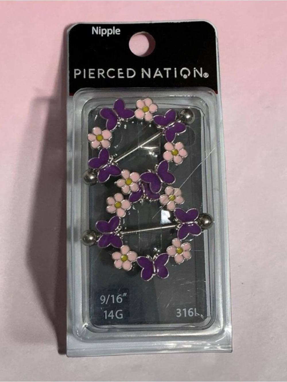 Pierced Nation 9/16” 14 Gauge 316L Purple & Pink Flowers & Butterfly Nipple Ring